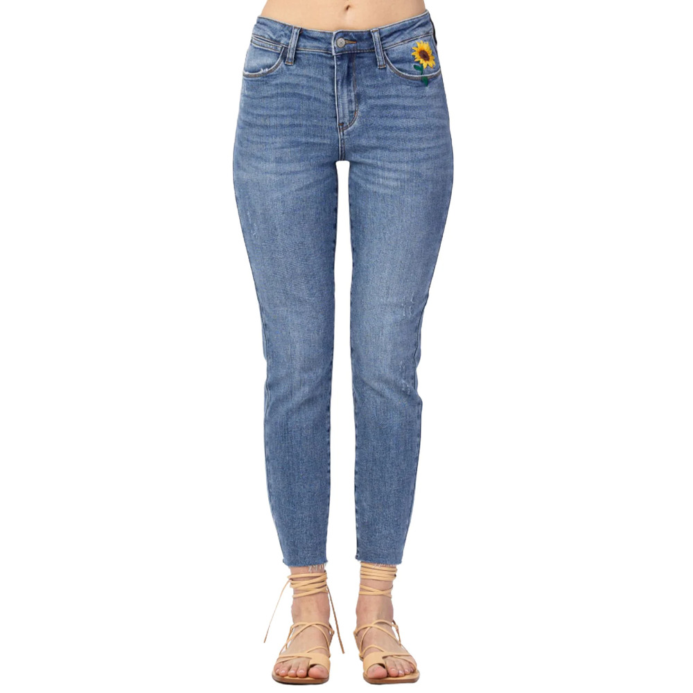 Judy Blue Sunflower Embroidered Skinny Jeans 9/29 NWT Relaxed High Waist Ankle